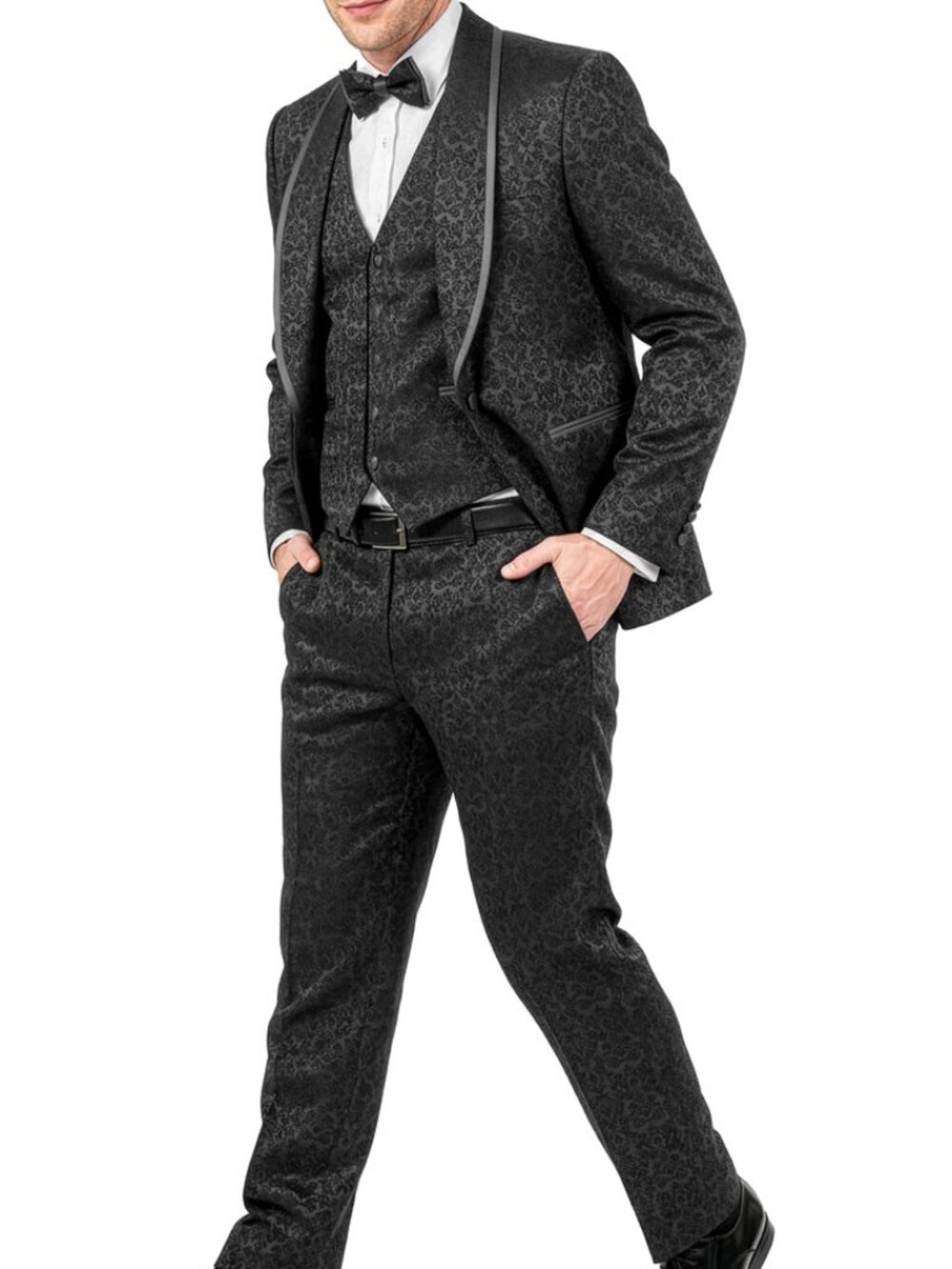 Black Paisley Shawl Lapel w/ Trim Piping 3 Piece Men's Fashion Suit